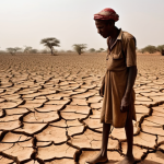 **

A parched landscape in Sub-Saharan Africa, showing cracked earth and a struggling farmer. In the background, a dust storm looms. Focus on the desperation and resilience in the farmer's eyes. Color palette should be warm and desaturated, conveying the harshness of the environment.
Keywords: drought, Sub-Saharan Africa, farmer, desperation, climate change, environmental displacement.

**