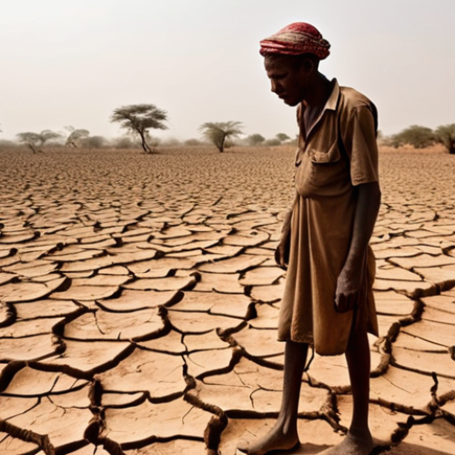 Home 15 **
A parched landscape in Sub-Saharan Africa, showing cracked earth and a struggling farmer. In the background, a dust storm looms. Focus on the desperation and resilience in the farmer's eyes. Color palette should be warm and desaturated, conveying the harshness of the environment.
Keywords: drought, Sub-Saharan Africa, farmer, desperation, climate change, environmental displacement.
**
