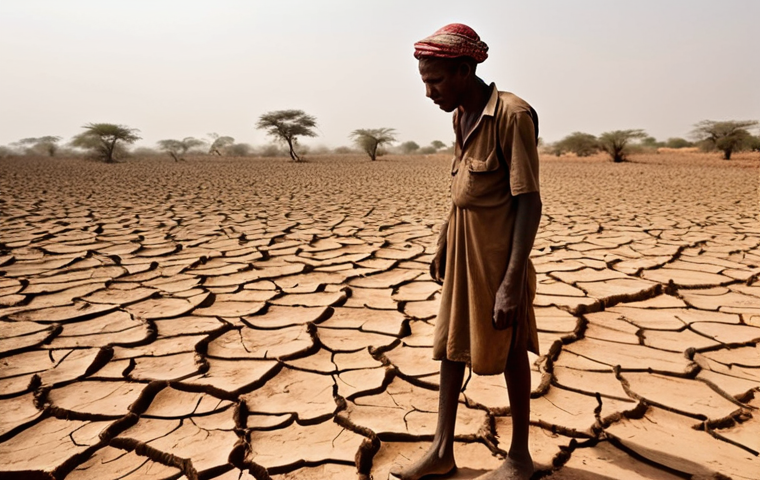 **
A parched landscape in Sub-Saharan Africa, showing cracked earth and a struggling farmer. In the background, a dust storm looms. Focus on the desperation and resilience in the farmer's eyes. Color palette should be warm and desaturated, conveying the harshness of the environment.
Keywords: drought, Sub-Saharan Africa, farmer, desperation, climate change, environmental displacement.
**