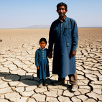A small family, consisting of a father, mother, and one child, stands stoically on parched, cracked earth that was once fertile farmland, now desolate due to severe drought. They are fully clothed in modest, durable attire, appropriate for rural life, conveying resilience amidst hardship. The background features an expansive, arid landscape under a clear, bright sky, emphasizing the vastness of the environmental impact. Professional photography, high detail, natural pose, perfect anatomy, correct proportions, well-formed hands, proper finger count, natural body proportions. Safe for work, appropriate content, fully clothed, modest, family-friendly.