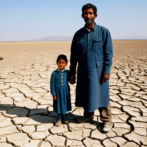 Home 7 A small family, consisting of a father, mother, and one child, stands stoically on parched, cracked earth that was once fertile farmland, now desolate due to severe drought. They are fully clothed in modest, durable attire, appropriate for rural life, conveying resilience amidst hardship. The background features an expansive, arid landscape under a clear, bright sky, emphasizing the vastness of the environmental impact. Professional photography, high detail, natural pose, perfect anatomy, correct proportions, well-formed hands, proper finger count, natural body proportions. Safe for work, appropriate content, fully clothed, modest, family-friendly.