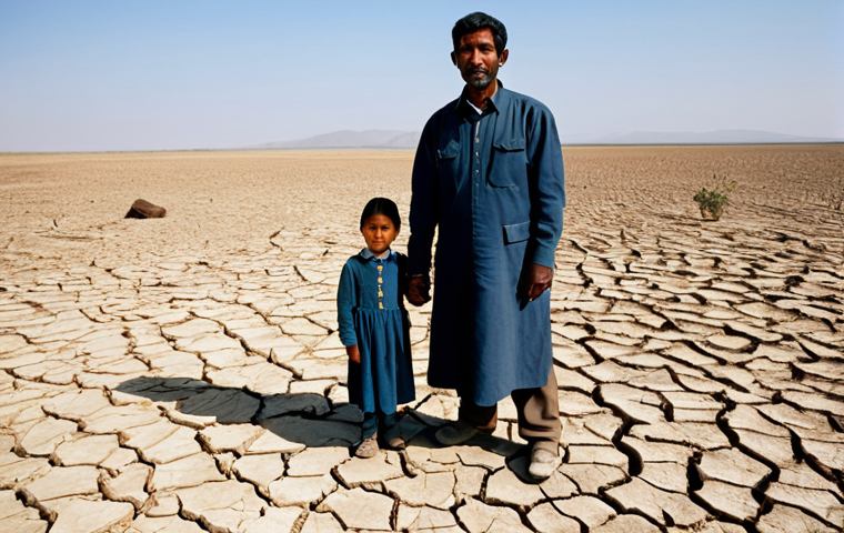 A small family, consisting of a father, mother, and one child, stands stoically on parched, cracked earth that was once fertile farmland, now desolate due to severe drought. They are fully clothed in modest, durable attire, appropriate for rural life, conveying resilience amidst hardship. The background features an expansive, arid landscape under a clear, bright sky, emphasizing the vastness of the environmental impact. Professional photography, high detail, natural pose, perfect anatomy, correct proportions, well-formed hands, proper finger count, natural body proportions. Safe for work, appropriate content, fully clothed, modest, family-friendly.