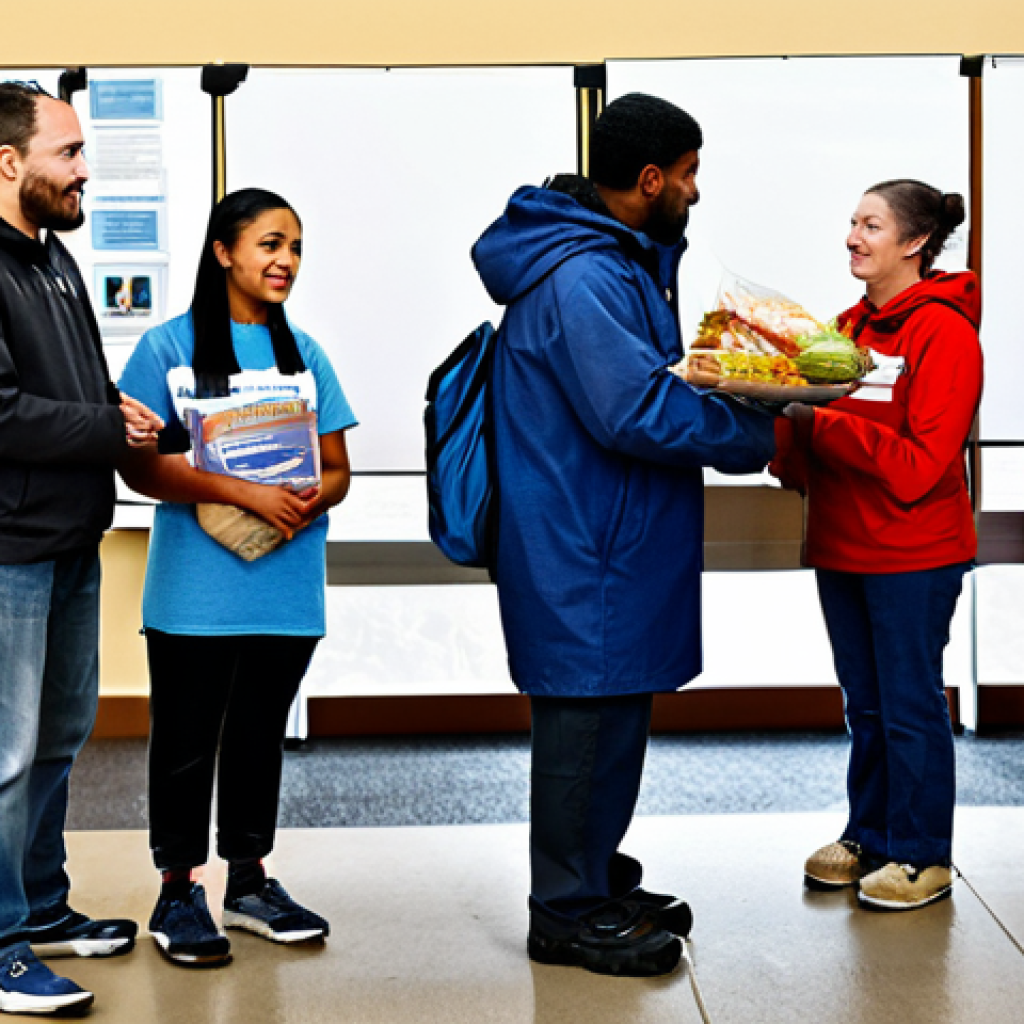 Community Support**
"A diverse group of volunteers assisting a family who have been displaced by flooding, fully clothed, in a community center setting. People are offering food, clothing, and emotional support. Background includes informational posters about local job training programs. Safe for work, appropriate content, modest attire, family-friendly, perfect anatomy, correct proportions, natural pose, high quality, professional photography."
**