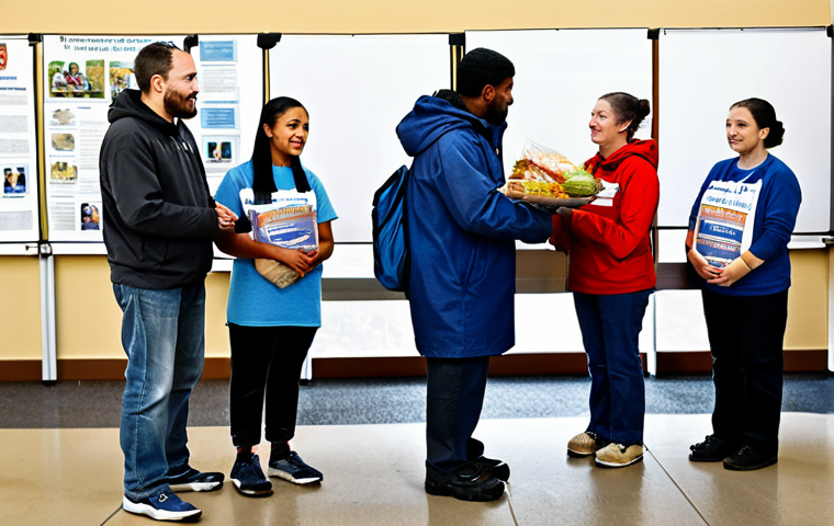 Community Support**
"A diverse group of volunteers assisting a family who have been displaced by flooding, fully clothed, in a community center setting. People are offering food, clothing, and emotional support. Background includes informational posters about local job training programs. Safe for work, appropriate content, modest attire, family-friendly, perfect anatomy, correct proportions, natural pose, high quality, professional photography."
**