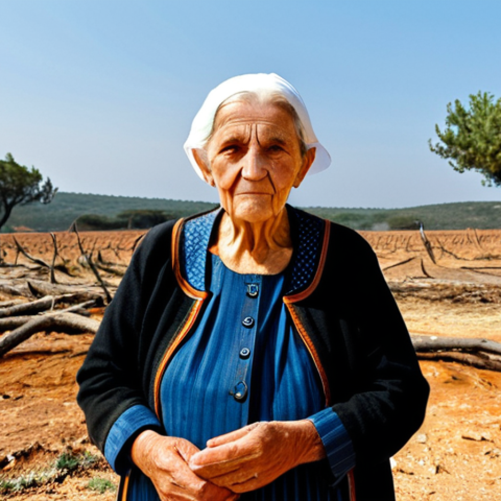 Algarve, Portugal - Drought Impact**
"A fully clothed, professional photo of Maria, an elderly woman with a weathered face, standing in a dry, cracked field in Algarve, Portugal. She's wearing modest, traditional clothing suitable for farm work. The background shows a parched landscape with dried-up trees. The sky is a hazy orange from a distant wildfire. Safe for work, appropriate content, perfect anatomy, correct proportions, natural pose, well-formed hands, proper finger count, natural body proportions, professional, family-friendly, high quality."
**
