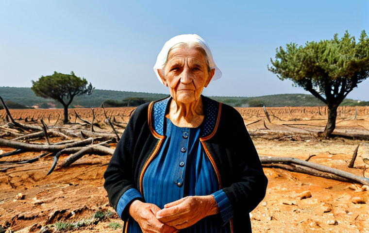 Algarve, Portugal - Drought Impact**
"A fully clothed, professional photo of Maria, an elderly woman with a weathered face, standing in a dry, cracked field in Algarve, Portugal. She's wearing modest, traditional clothing suitable for farm work. The background shows a parched landscape with dried-up trees. The sky is a hazy orange from a distant wildfire. Safe for work, appropriate content, perfect anatomy, correct proportions, natural pose, well-formed hands, proper finger count, natural body proportions, professional, family-friendly, high quality."
**
