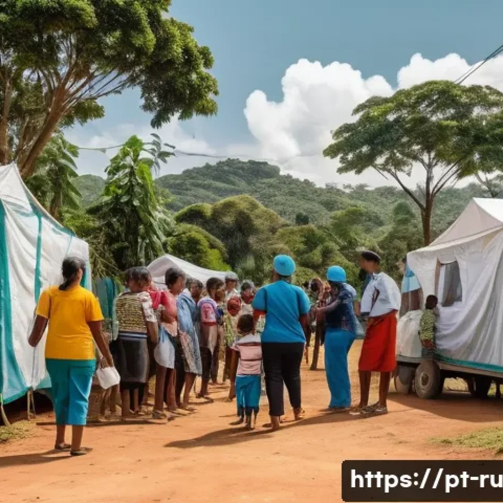 환경이주민 지원을 위한 정부의 역할 - A vibrant community scene in Brazil showing displaced families receiving healthcare from a mobile cl...