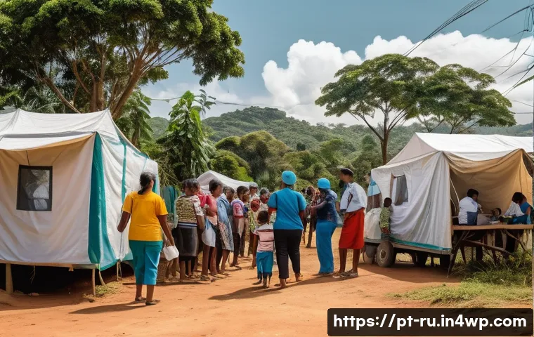 환경이주민 지원을 위한 정부의 역할 - A vibrant community scene in Brazil showing displaced families receiving healthcare from a mobile cl...