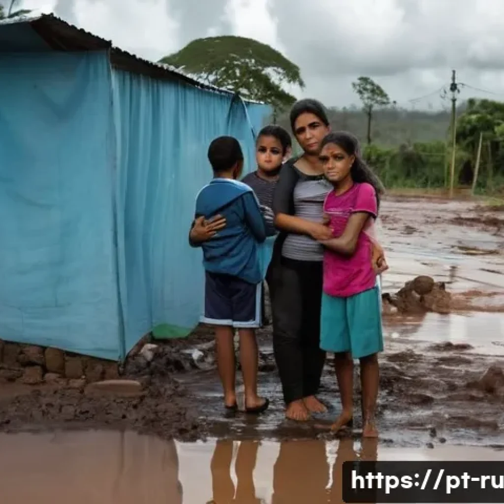 환경이주민 문제의 심리적 측면 분석 - A poignant scene showing a Brazilian family displaced by flooding, standing together outside a tempo...