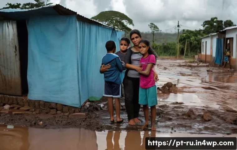 환경이주민 문제의 심리적 측면 분석 - A poignant scene showing a Brazilian family displaced by flooding, standing together outside a tempo...