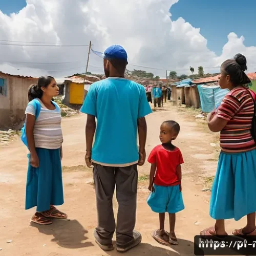환경이주민을 위한 법적 보호 체계 - A diverse group of environmental migrants in a Latin American urban setting, wearing modest clothing...
