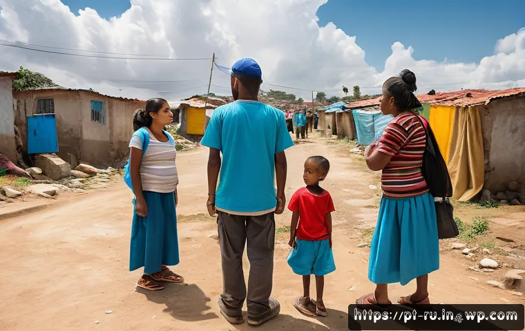환경이주민을 위한 법적 보호 체계 - A diverse group of environmental migrants in a Latin American urban setting, wearing modest clothing...