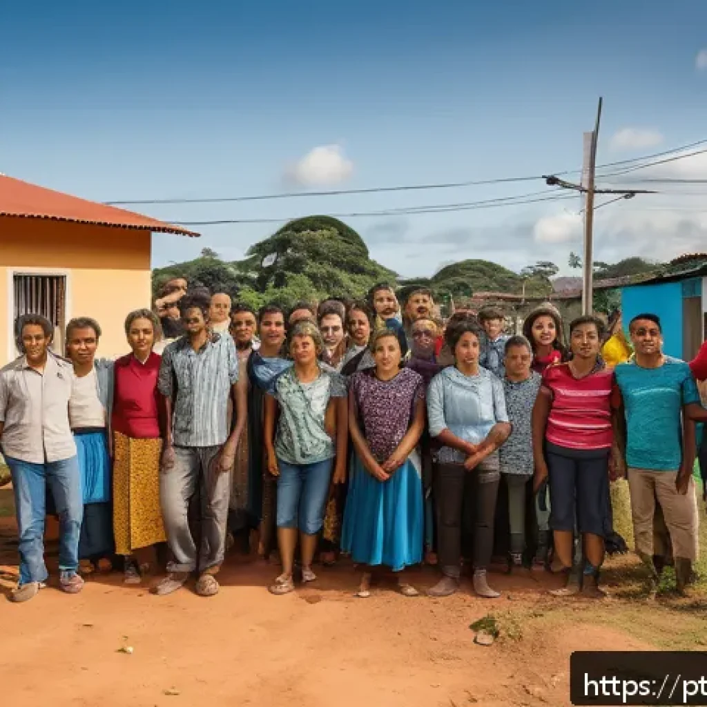 환경이주민의 정착 후 삶의 질 분석 - A diverse group of environmental migrants in a Brazilian urban resettlement community, wearing modes...