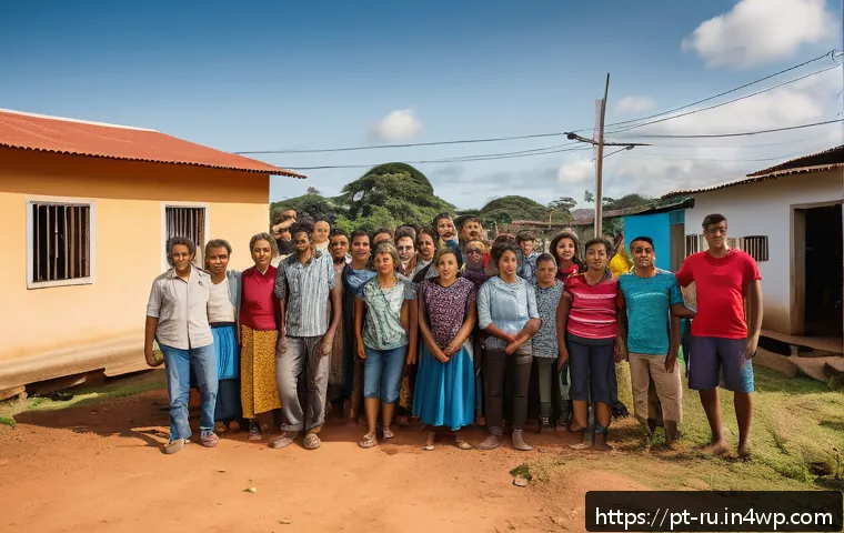 환경이주민의 정착 후 삶의 질 분석 - A diverse group of environmental migrants in a Brazilian urban resettlement community, wearing modes...