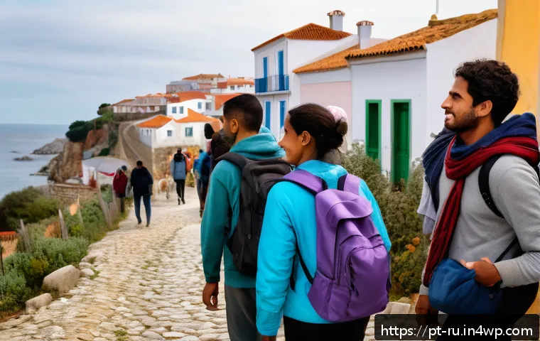 환경이주민 문제의 윤리적 측면 - A diverse group of environmental migrants arriving in a small Portuguese coastal village, wearing mo...