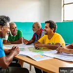 환경이주민의 참여와 영향력 증대 전략 - A diverse group of environmental migrants actively participating in a vibrant community meeting insi...