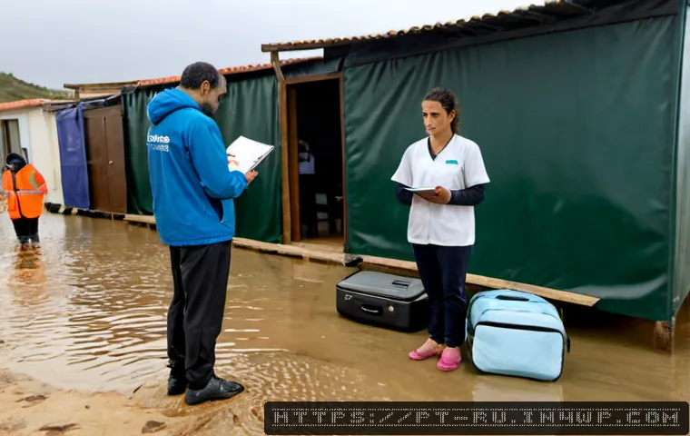 Home 17 환경이주민의 인권과 법적 요구 - Photorealistic documentary-style scene in a Portuguese-speaking coastal community affected by floodi...