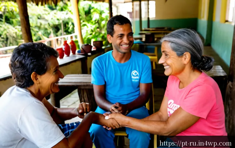 환경이주민의 사회적 자본 활용 방안 - Photorealistic community support meeting in a bright Brazilian neighborhood center, environmental mi...